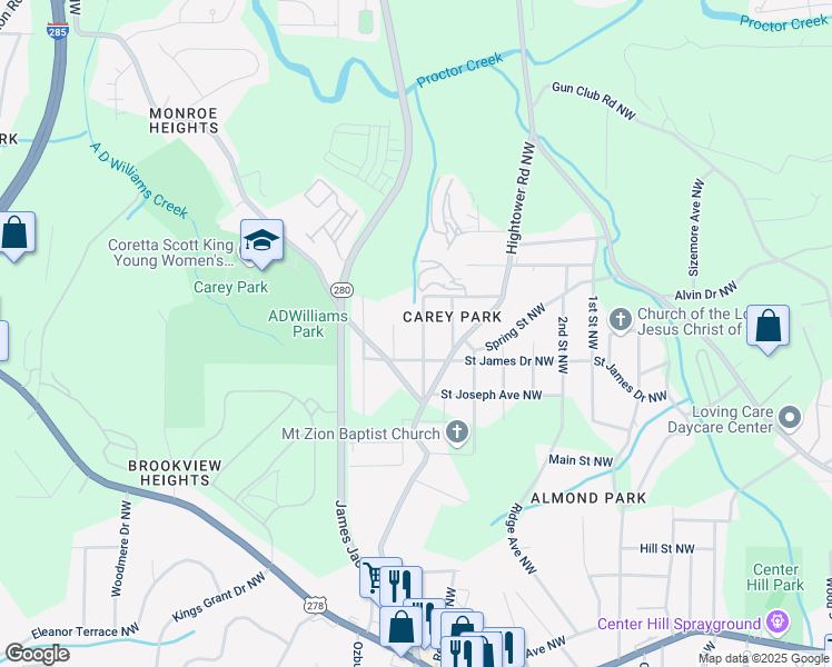 map of restaurants, bars, coffee shops, grocery stores, and more near 1166 7th Street Northwest in Atlanta