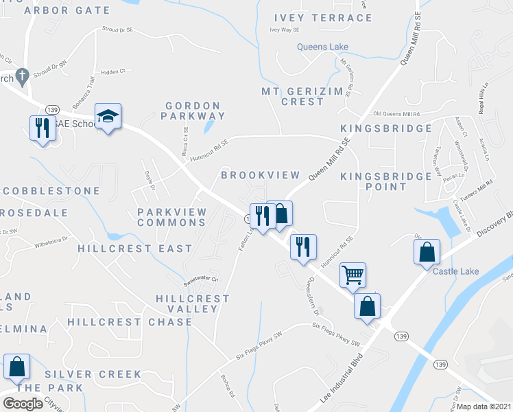 map of restaurants, bars, coffee shops, grocery stores, and more near 6778 Blackstone Place in Mableton