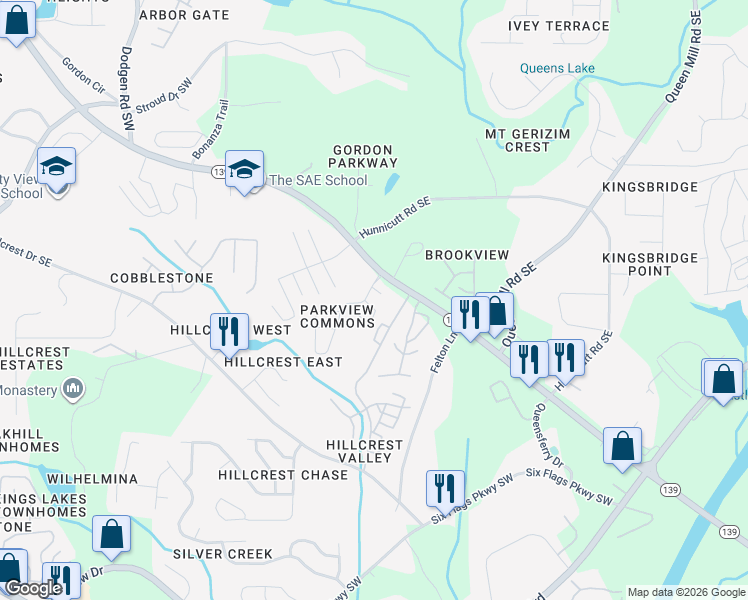 map of restaurants, bars, coffee shops, grocery stores, and more near 203 Gallant Lane Southeast in Mableton