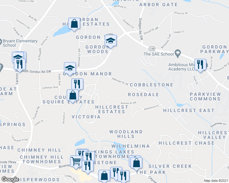 map of restaurants, bars, coffee shops, grocery stores, and more near 265 Hillcrest Drive Southeast in Austell