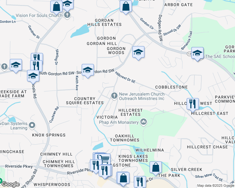 map of restaurants, bars, coffee shops, grocery stores, and more near 6837 Shenandoah Trail in Austell