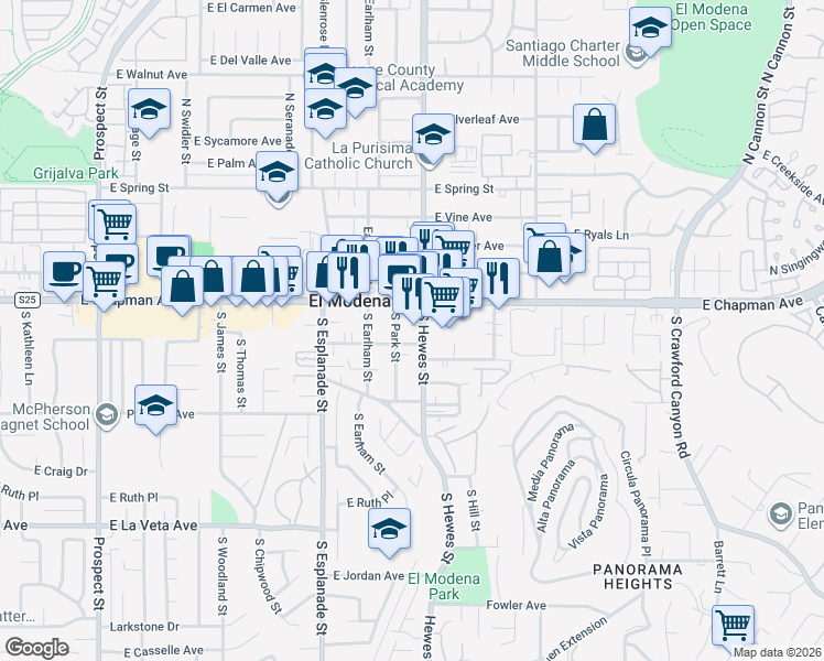 map of restaurants, bars, coffee shops, grocery stores, and more near 150 South Hewes Street in Orange