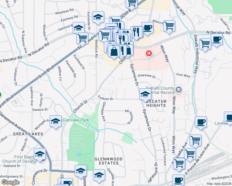 map of restaurants, bars, coffee shops, grocery stores, and more near 21 Old Decatur Circle in Decatur