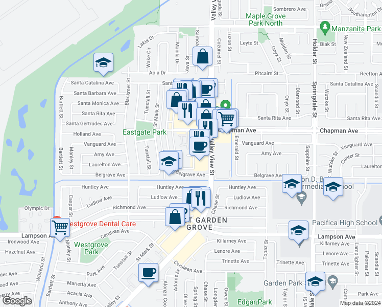 map of restaurants, bars, coffee shops, grocery stores, and more near 12080 Stonegate Lane in Garden Grove