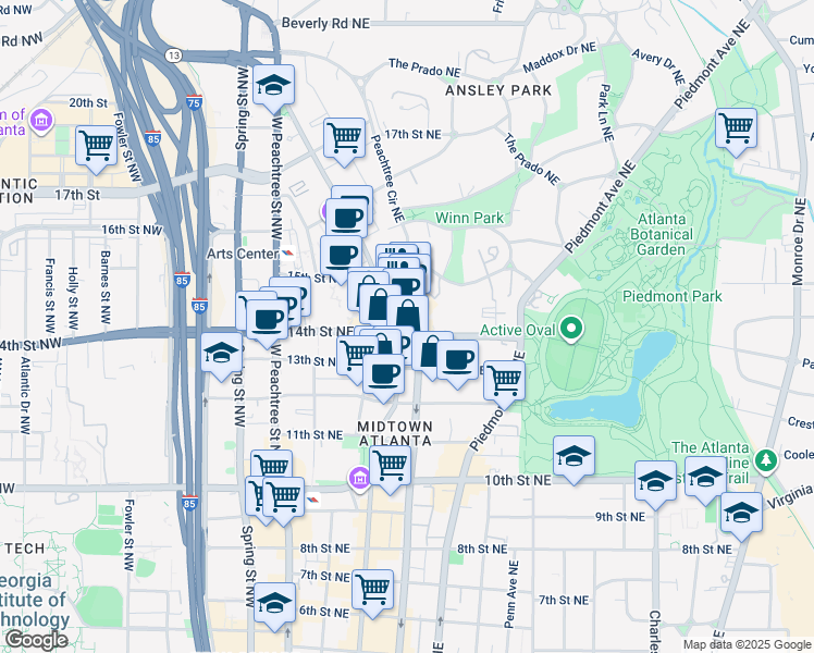 map of restaurants, bars, coffee shops, grocery stores, and more near 1175 Peachtree Street Northeast in Atlanta