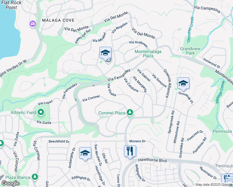 map of restaurants, bars, coffee shops, grocery stores, and more near 2019 Vía Visalia in Palos Verdes Estates