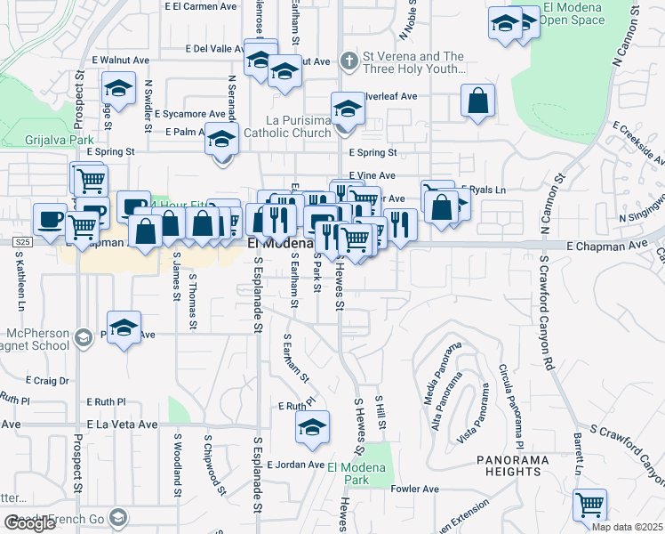 map of restaurants, bars, coffee shops, grocery stores, and more near 4502 East Chapman Avenue in Orange
