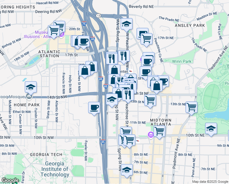 map of restaurants, bars, coffee shops, grocery stores, and more near 75 14th Street Northwest in Atlanta