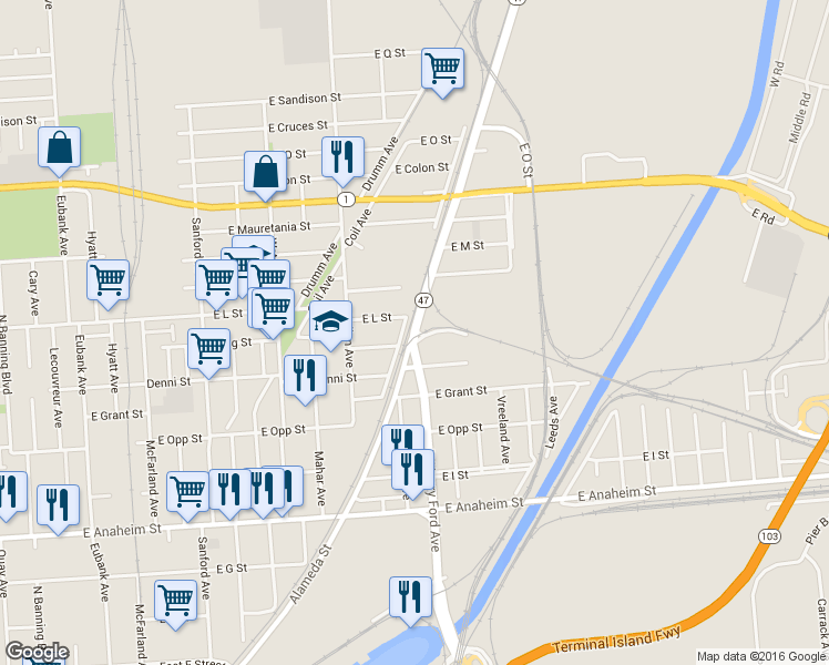 map of restaurants, bars, coffee shops, grocery stores, and more near California 47 in Los Angeles County