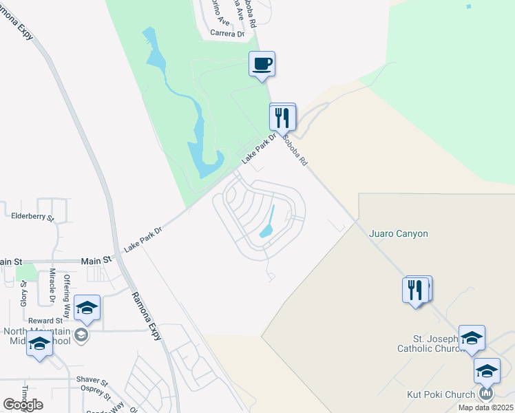 map of restaurants, bars, coffee shops, grocery stores, and more near 2230 Lake Park Drive in San Jacinto