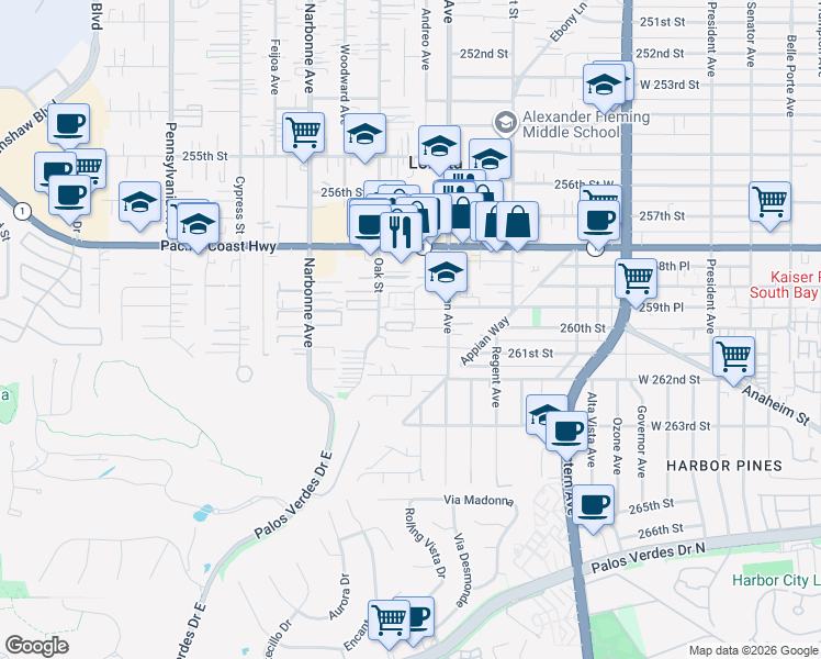 map of restaurants, bars, coffee shops, grocery stores, and more near 26006 Oak Street in Lomita