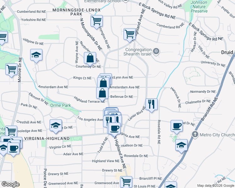 map of restaurants, bars, coffee shops, grocery stores, and more near 1020 Bellevue Drive Northeast in Atlanta