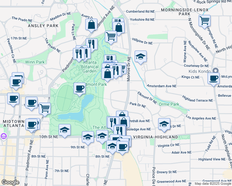 map of restaurants, bars, coffee shops, grocery stores, and more near 555 Orme Circle Northeast in Atlanta