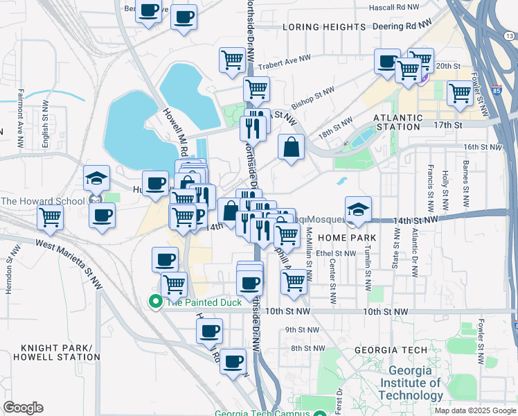 map of restaurants, bars, coffee shops, grocery stores, and more near 1210 Hemphill Avenue Northwest in Atlanta