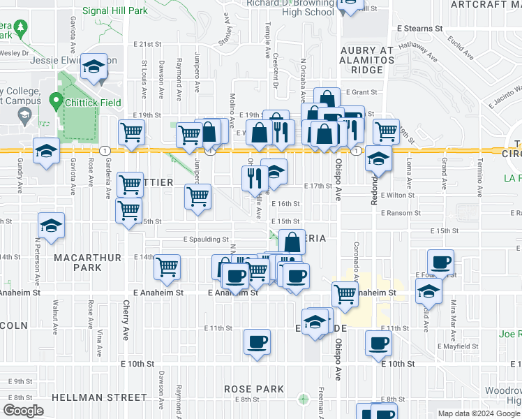 map of restaurants, bars, coffee shops, grocery stores, and more near 1512 Hile Avenue in Long Beach