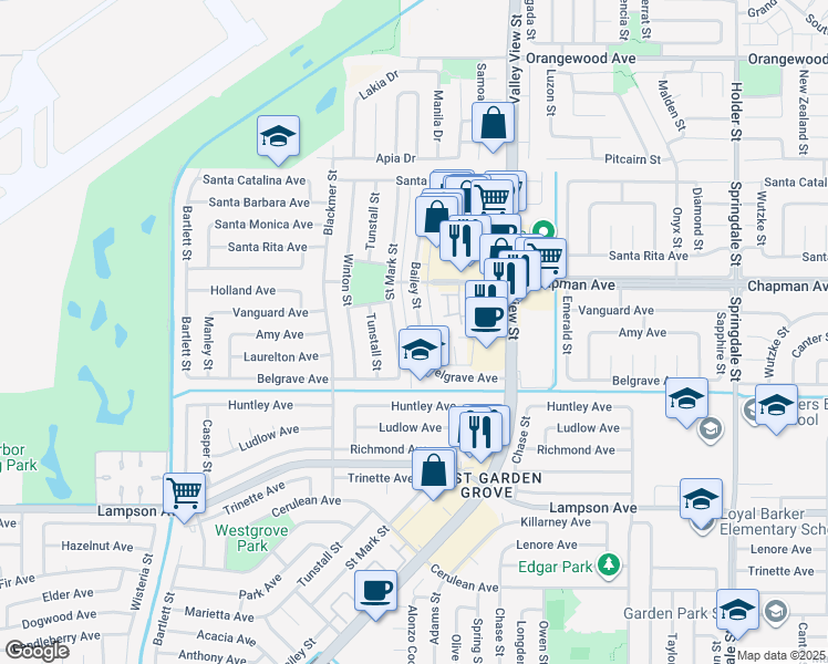 map of restaurants, bars, coffee shops, grocery stores, and more near 12111 Bailey Street in Garden Grove