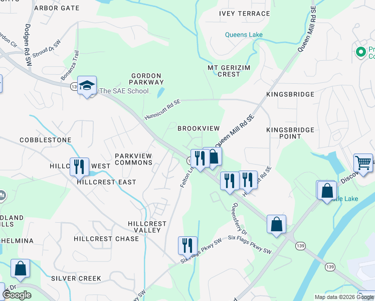 map of restaurants, bars, coffee shops, grocery stores, and more near 6778 Blackstone Place in Mableton