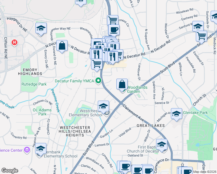 map of restaurants, bars, coffee shops, grocery stores, and more near 1115 Clairemont Avenue in Decatur