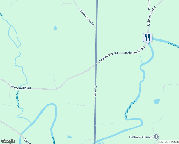 map of restaurants, bars, coffee shops, grocery stores, and more near 2877 Jacksonville Road in Tallapoosa