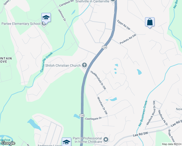 map of restaurants, bars, coffee shops, grocery stores, and more near 3955 Huddersfield Drive Southwest in Snellville