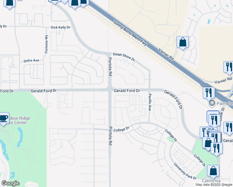 map of restaurants, bars, coffee shops, grocery stores, and more near 74174 Storke Drive in Palm Desert