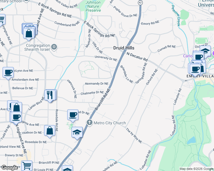 map of restaurants, bars, coffee shops, grocery stores, and more near 1188 Briarcliff Road Northeast in Atlanta