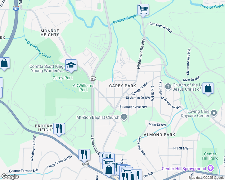 map of restaurants, bars, coffee shops, grocery stores, and more near 1166 7th Street Northwest in Atlanta