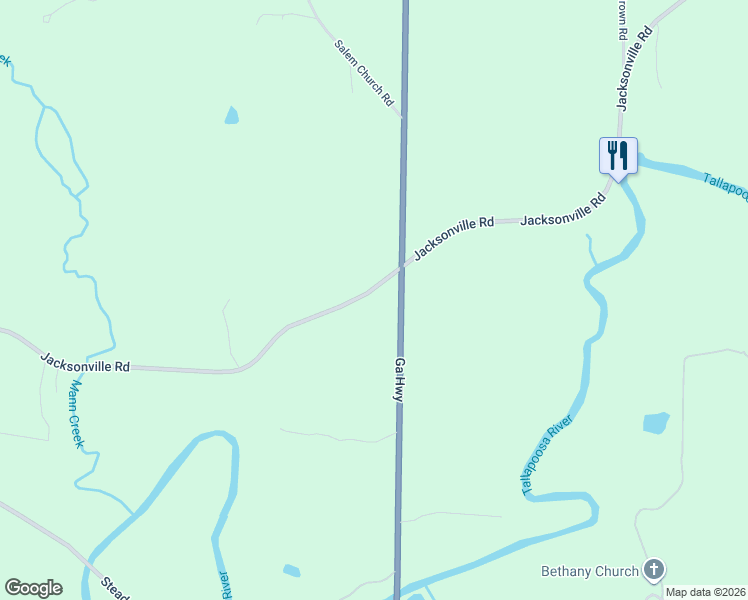 map of restaurants, bars, coffee shops, grocery stores, and more near 2877 Jacksonville Road in Tallapoosa