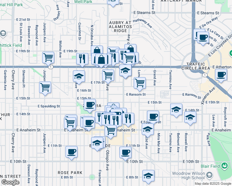 map of restaurants, bars, coffee shops, grocery stores, and more near 3247 East Ransom Street in Long Beach