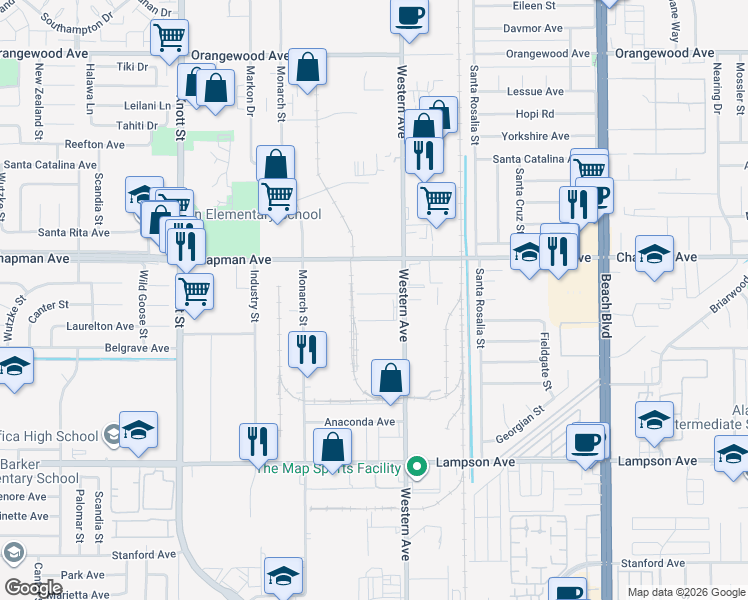 map of restaurants, bars, coffee shops, grocery stores, and more near 12101 Western Avenue in Garden Grove