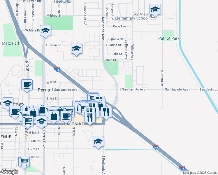 map of restaurants, bars, coffee shops, grocery stores, and more near 450 East San Jacinto Avenue in Perris