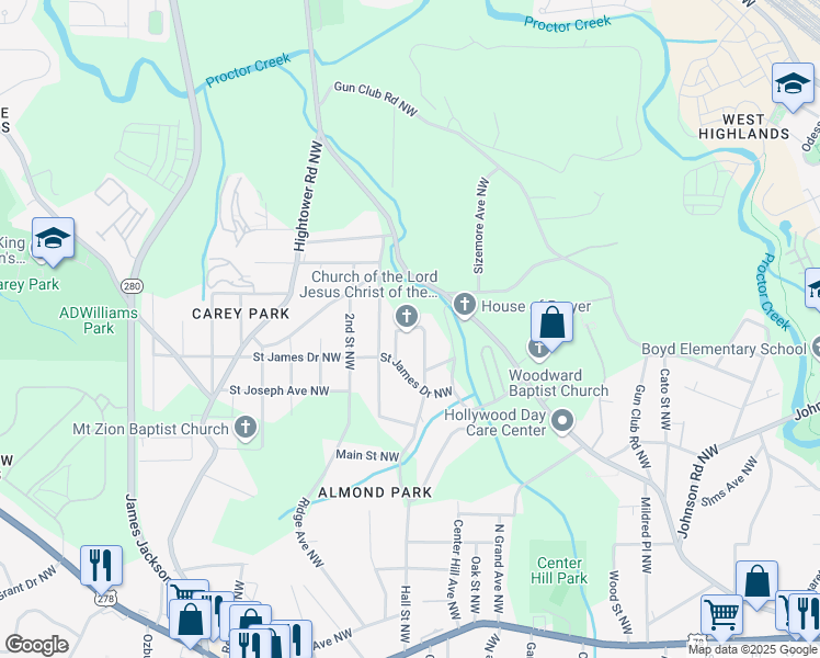 map of restaurants, bars, coffee shops, grocery stores, and more near North Circle Drive Northwest in Atlanta