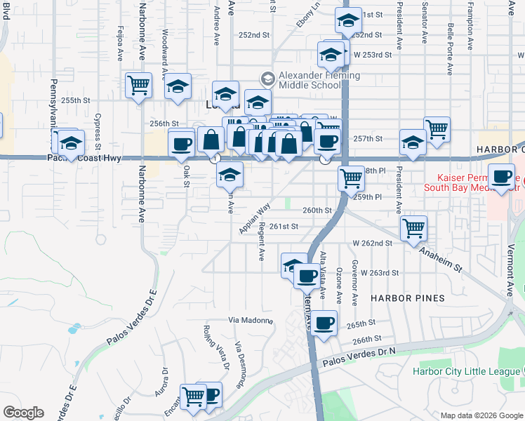 map of restaurants, bars, coffee shops, grocery stores, and more near West 260th Street & Regent Avenue in Lomita