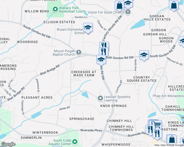 map of restaurants, bars, coffee shops, grocery stores, and more near 760 Wade Farm Drive in Austell