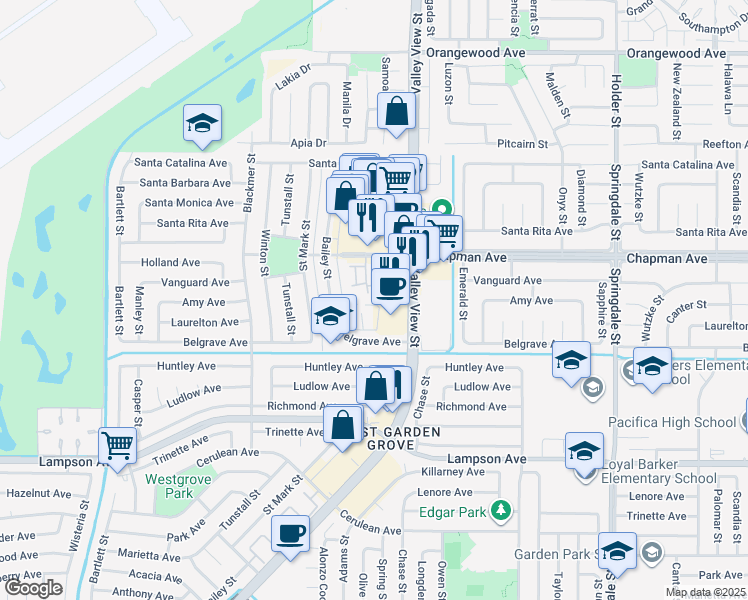 map of restaurants, bars, coffee shops, grocery stores, and more near 12104 Stonegate Lane in Garden Grove