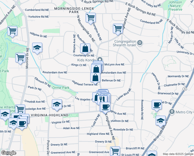 map of restaurants, bars, coffee shops, grocery stores, and more near 1196 North Highland Avenue Northeast in Atlanta