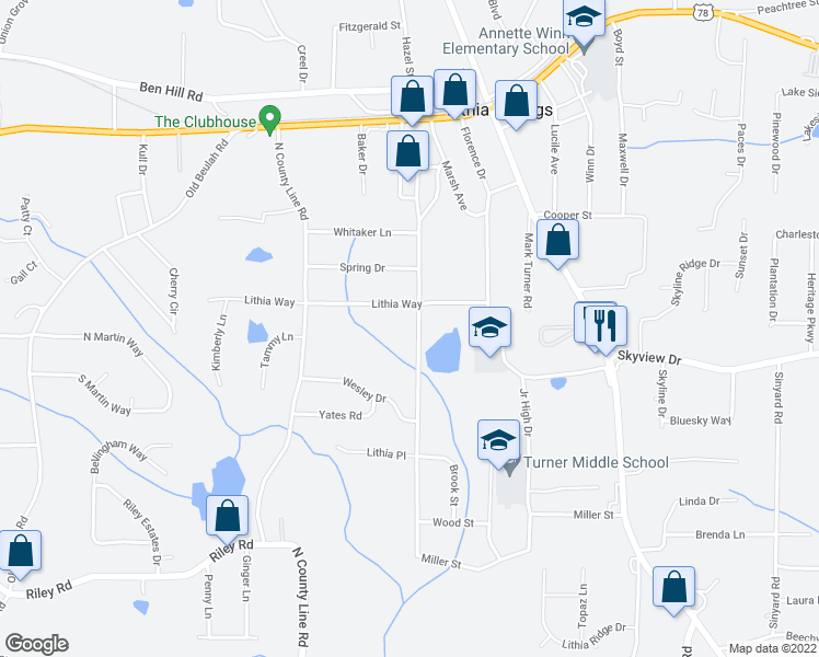 map of restaurants, bars, coffee shops, grocery stores, and more near 6905 Miller Street in Lithia Springs