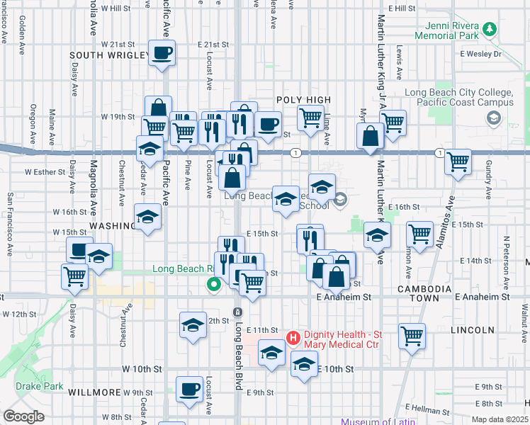 map of restaurants, bars, coffee shops, grocery stores, and more near 1584 Elm Avenue in Long Beach