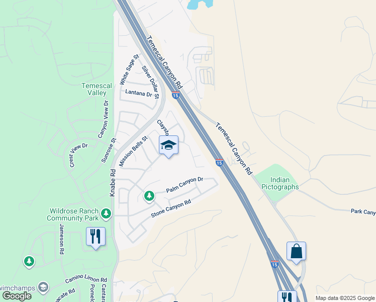 map of restaurants, bars, coffee shops, grocery stores, and more near 9365 Nickellaus Court in Corona