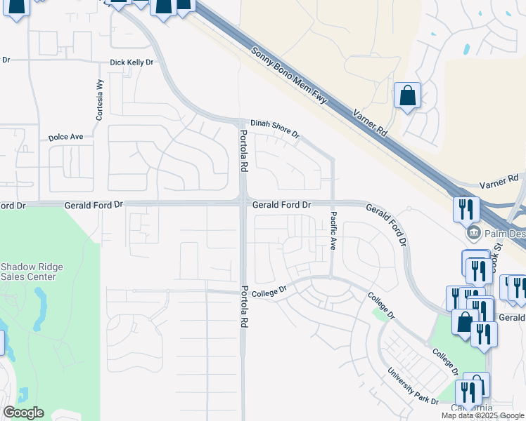 map of restaurants, bars, coffee shops, grocery stores, and more near 74198 Storke Drive in Palm Desert
