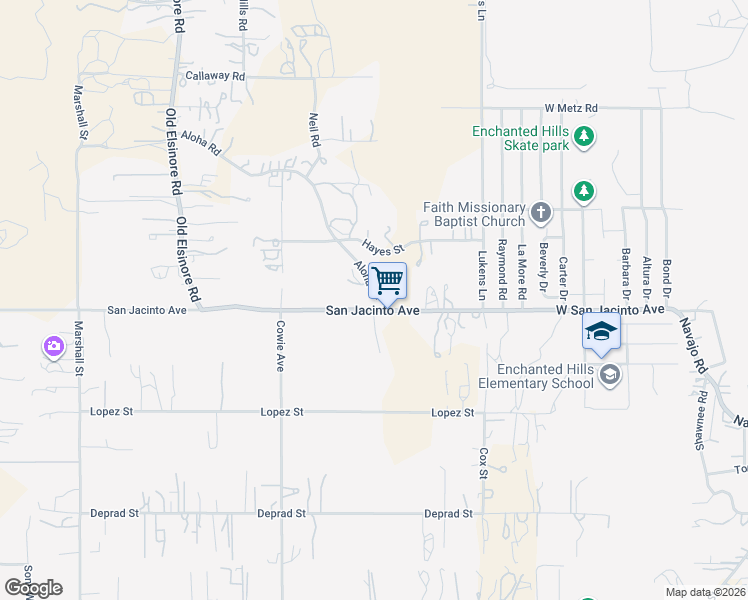 map of restaurants, bars, coffee shops, grocery stores, and more near 22720 San Jacinto Avenue in Perris