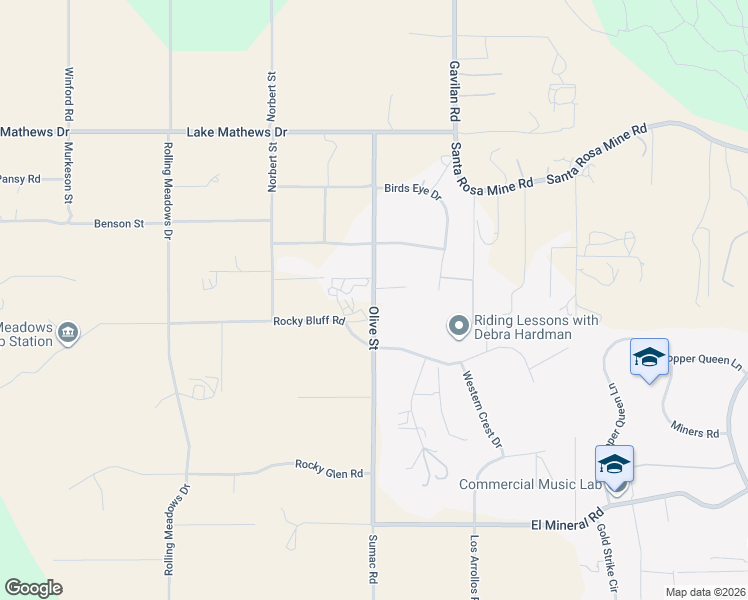 map of restaurants, bars, coffee shops, grocery stores, and more near 22501 Olive Street in Perris