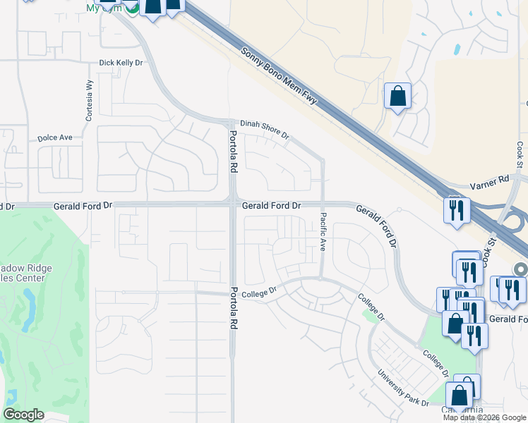 map of restaurants, bars, coffee shops, grocery stores, and more near 74439 Zeppelin Drive in Palm Desert