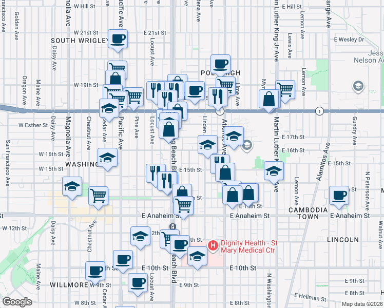 map of restaurants, bars, coffee shops, grocery stores, and more near 1584 Elm Avenue in Long Beach