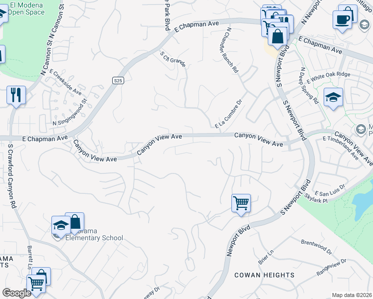 map of restaurants, bars, coffee shops, grocery stores, and more near 6813 East Canyon Ridge in Orange