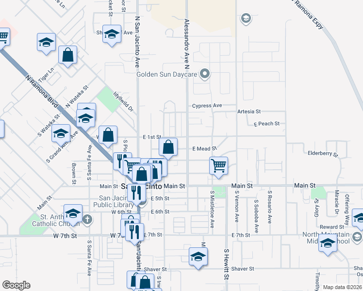 map of restaurants, bars, coffee shops, grocery stores, and more near 106 South Alessandro Avenue in San Jacinto