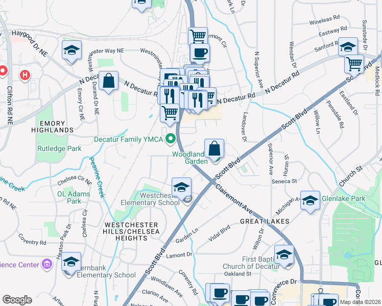 map of restaurants, bars, coffee shops, grocery stores, and more near 1115 Clairemont Avenue in Decatur