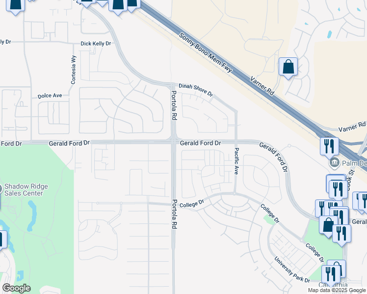 map of restaurants, bars, coffee shops, grocery stores, and more near 74174 Storke Drive in Palm Desert