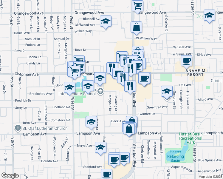map of restaurants, bars, coffee shops, grocery stores, and more near 12291 Hampton Avenue in Garden Grove