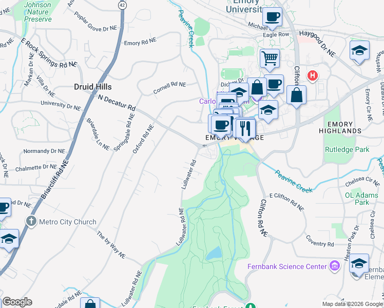 map of restaurants, bars, coffee shops, grocery stores, and more near 1485 North Decatur Road in Atlanta